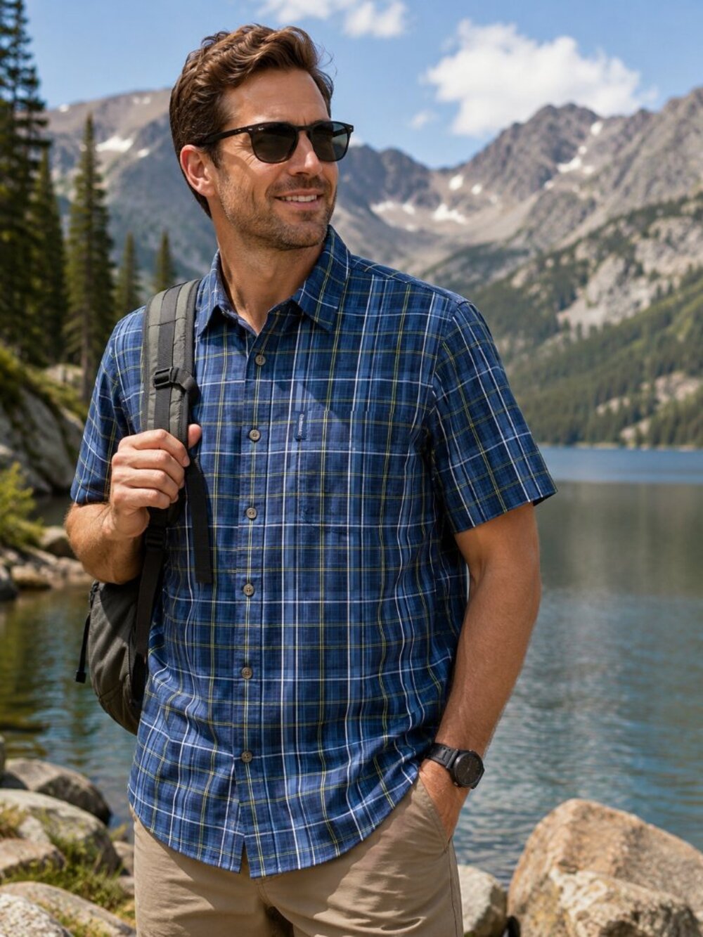 Columbia Men’s L Blue Plaid 100% Cotton Short Sleeve Button Shirt Authentic NWT